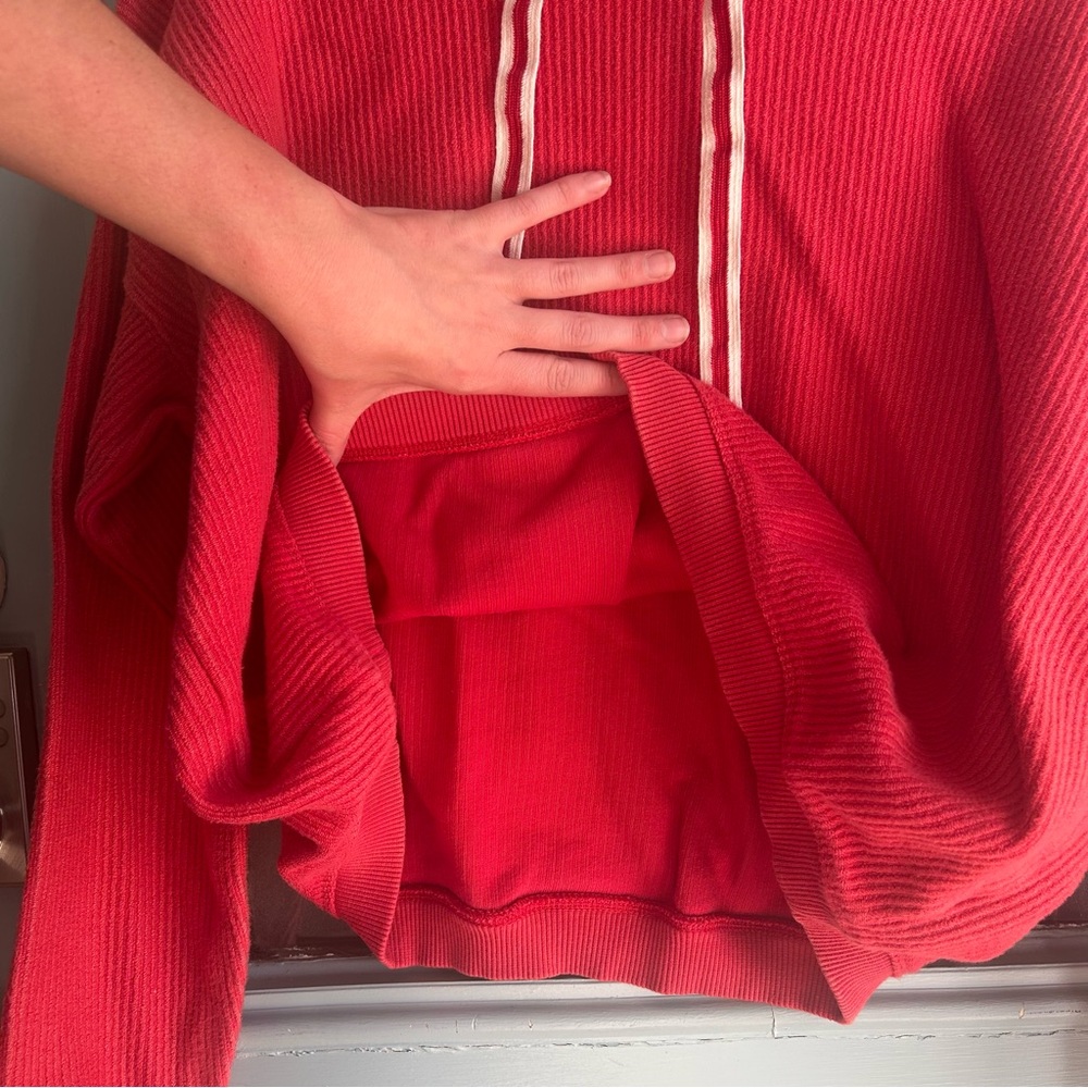 Aerie Ribbed Drawstring Cotton Hoodie Hooded Sweatshirt Red Oversized Chunky S - Picture 7 of 9